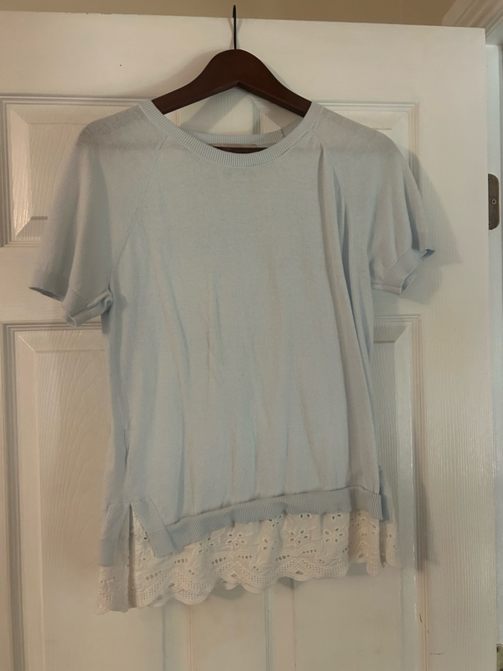 LOFT Light Blue Short Sleeve Top with Cream Lace Hem